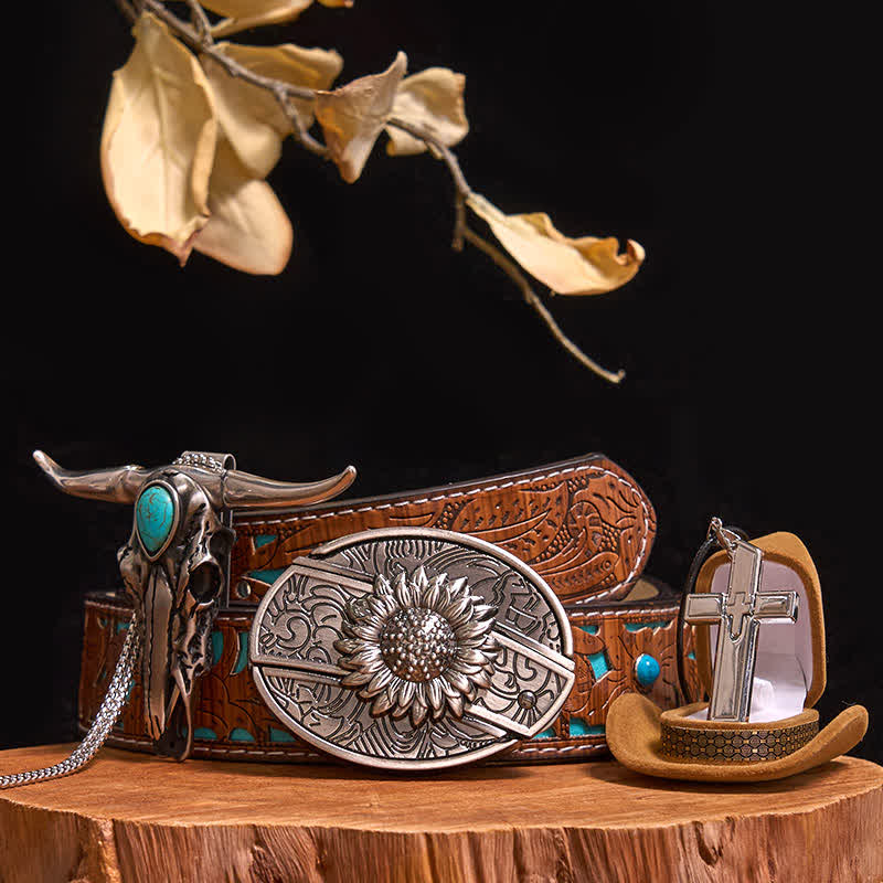 Ensemble de collier avec pendentif taureau turquoise, boucle de ceinture et couteau caché à faire soi-même (PRÉVENTE) - Tournesol - Ceinture sculptée en turquoise - 42 - image 8