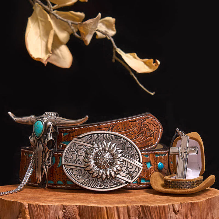 Ensemble de collier avec pendentif taureau turquoise, boucle de ceinture et couteau caché à faire soi-même (PRÉVENTE) - Tournesol - Ceinture sculptée en turquoise - 42 - image 8