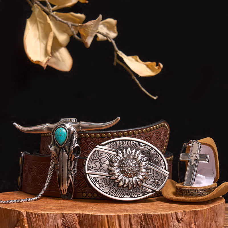 Ensemble de boucles de ceinture à couteau caché DIY avec pendentif taureau turquoise et collier croix - Tournesol - Ceinture à rivets marron - 42 - image 9