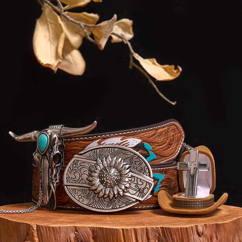 Ensemble de boucles de ceinture à couteau caché DIY avec pendentif taureau turquoise et collier croix - Tournesol - Ceinture à plumes marron - 40 - image 11