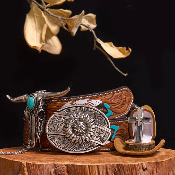 Ensemble de boucles de ceinture à couteau caché DIY avec pendentif taureau turquoise et collier croix - Tournesol - Ceinture à plumes marron - 40 - image 11