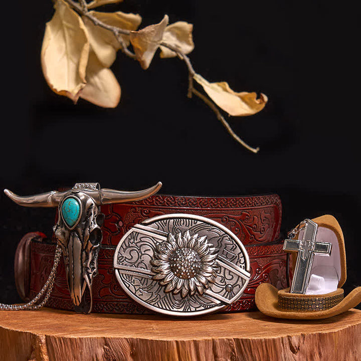 Ensemble de collier avec pendentif taureau turquoise, boucle de ceinture et couteau caché à faire soi-même (PRÉVENTE) - Tournesol - Ceinture marron sculptée - 42 - image 10