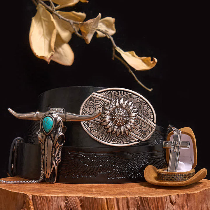 Ensemble de boucles de ceinture à couteau caché DIY avec pendentif taureau turquoise et collier croix - Tournesol - Ceinture noire avec aigle en relief - 42 - image 7