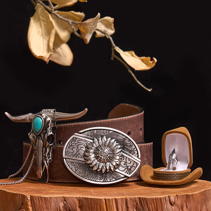 Boucle de ceinture avec couteau caché à faire soi-même, pendentif taureau turquoise, ensemble bague couteau - Tournesol - Ceinture marron vieillie - 40 - image 8