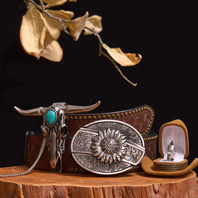 Boucle de ceinture avec couteau caché à faire soi-même, pendentif taureau turquoise, ensemble bague couteau - Tournesol - Ceinture à rivets marron - 40 - image 7