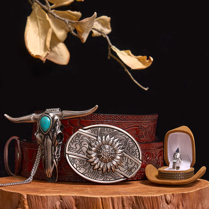 Boucle de ceinture avec couteau caché à faire soi-même, pendentif taureau turquoise, ensemble bague couteau - Tournesol - Ceinture marron sculptée - 40 - image 9