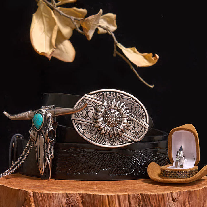 Boucle de ceinture avec couteau caché à faire soi-même, pendentif taureau turquoise, bague couteau (PRÉVENTE) - Tournesol - Ceinture noire avec aigle en relief - 40 - image 0