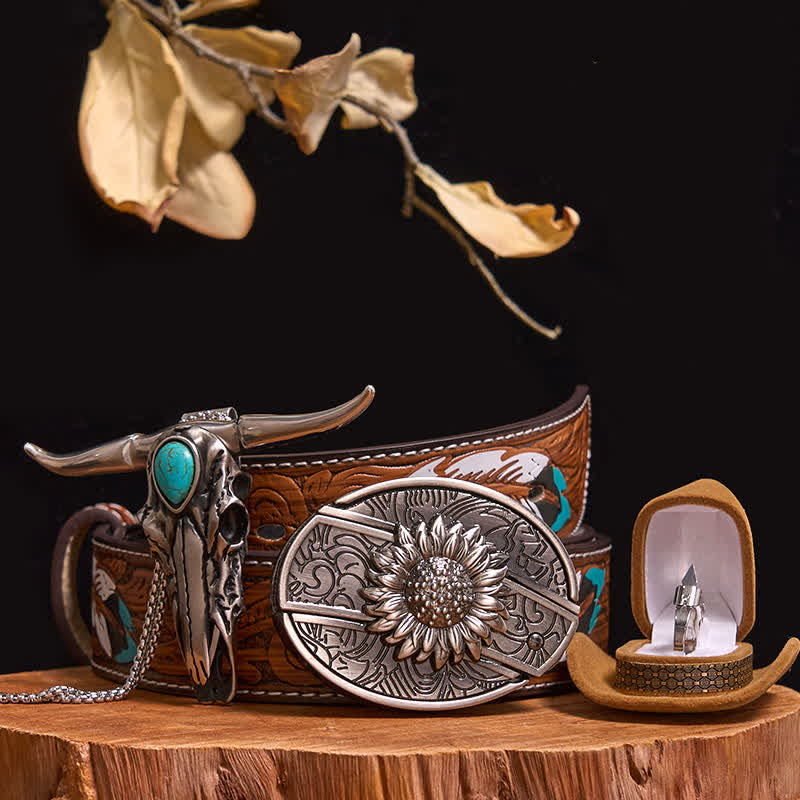 Boucle de ceinture avec couteau caché à faire soi-même, pendentif taureau turquoise, ensemble bague couteau - Tournesol - Ceinture à plumes marron - 40 - image 10
