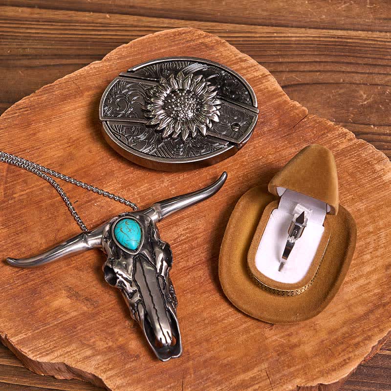 Boucle de ceinture avec couteau caché à faire soi-même, pendentif taureau turquoise, ensemble bague couteau - Tournesol - Sans ceinture - Ceinture non incluse - image 1