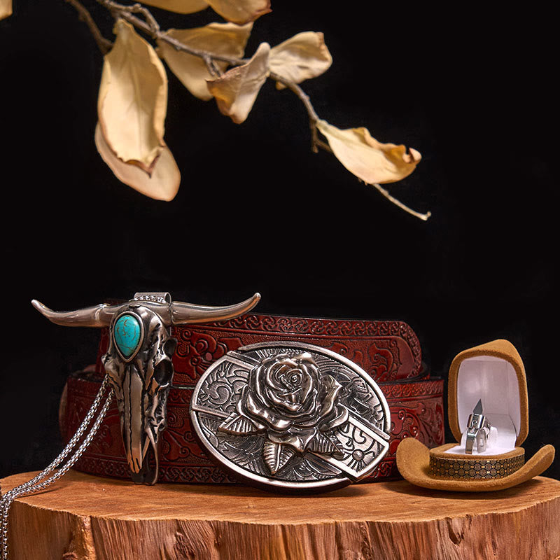 Boucle de ceinture avec couteau caché à faire soi-même, pendentif taureau turquoise, ensemble bague couteau - Rose - Ceinture marron sculptée - 40 - image 23