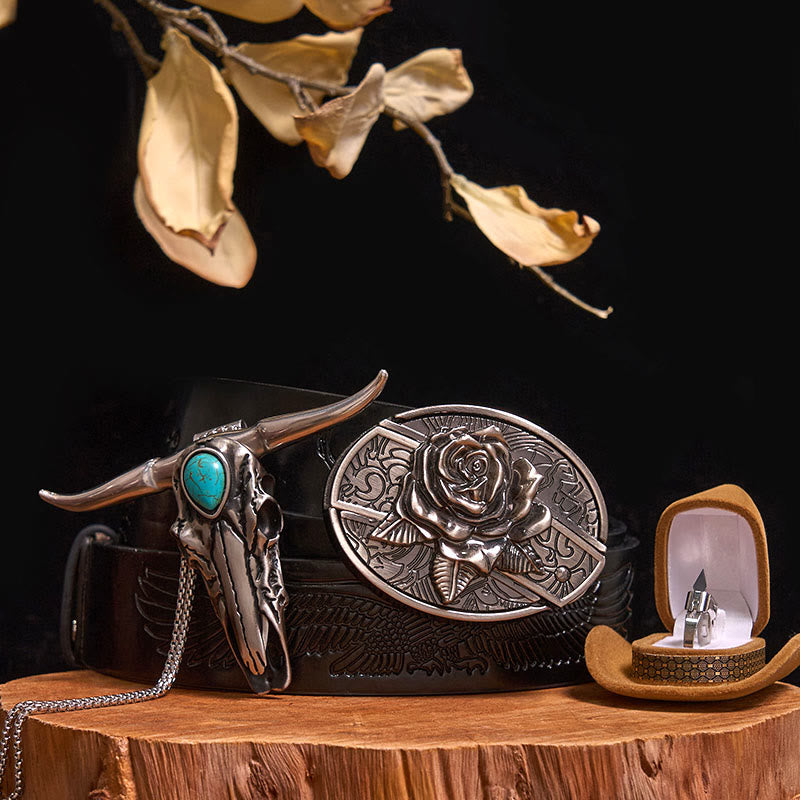 Boucle de ceinture avec couteau caché à faire soi-même, pendentif taureau turquoise, ensemble bague couteau - Rose - Ceinture noire avec aigle en relief - 40 - image 19
