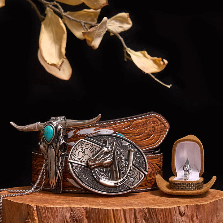 Boucle de ceinture avec couteau caché à faire soi-même, pendentif taureau turquoise, ensemble bague couteau - Tête de cheval - Ceinture à plumes marron - 40 - image 17