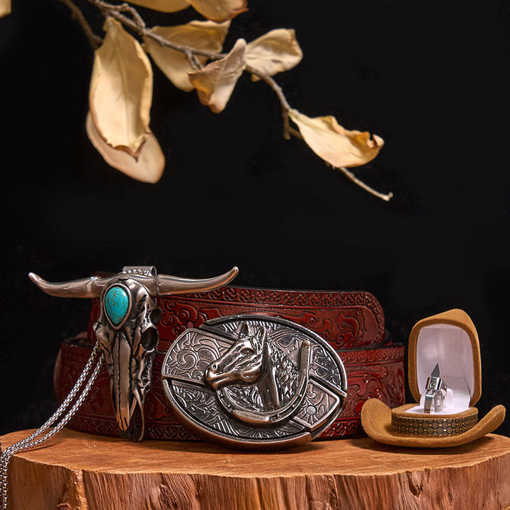 Boucle de ceinture avec couteau caché à faire soi-même, pendentif taureau turquoise, ensemble bague couteau - Tête de cheval - Ceinture marron sculptée - 40 - image 16