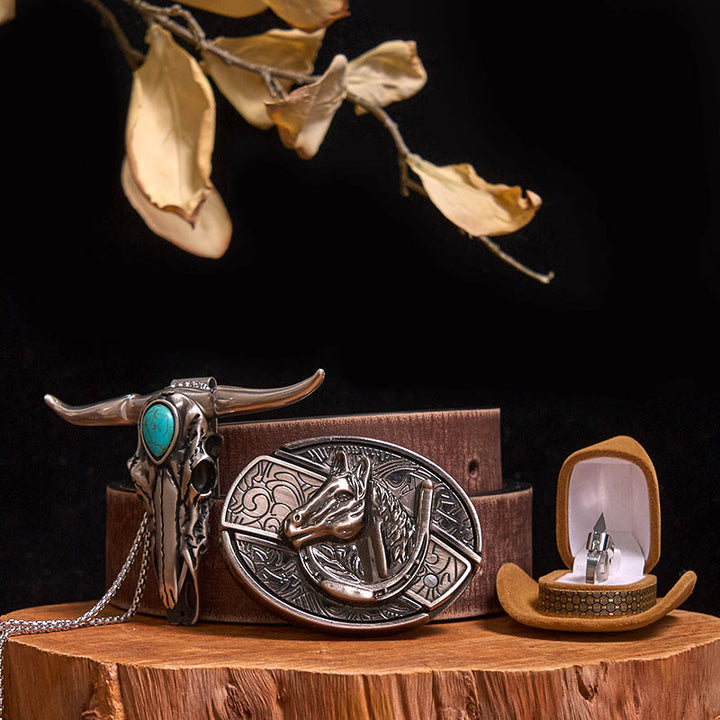 Boucle de ceinture avec couteau caché à faire soi-même, pendentif taureau turquoise, ensemble bague couteau - Tête de cheval - Ceinture marron vieillie - 40 - image 15