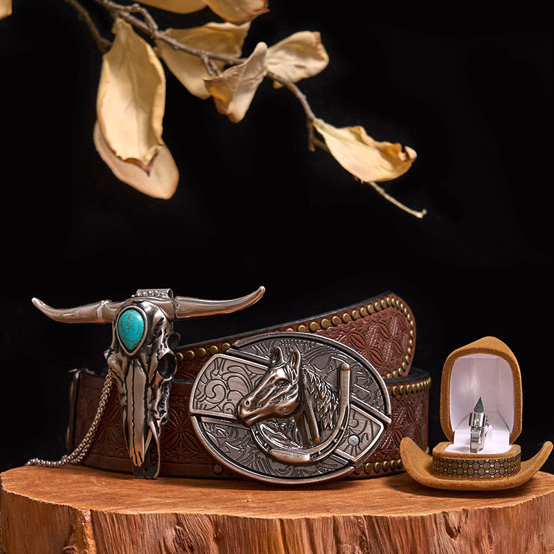 Boucle de ceinture avec couteau caché à faire soi-même, pendentif taureau turquoise, ensemble bague couteau - Tête de cheval - Ceinture à rivets marron - 40 - image 14