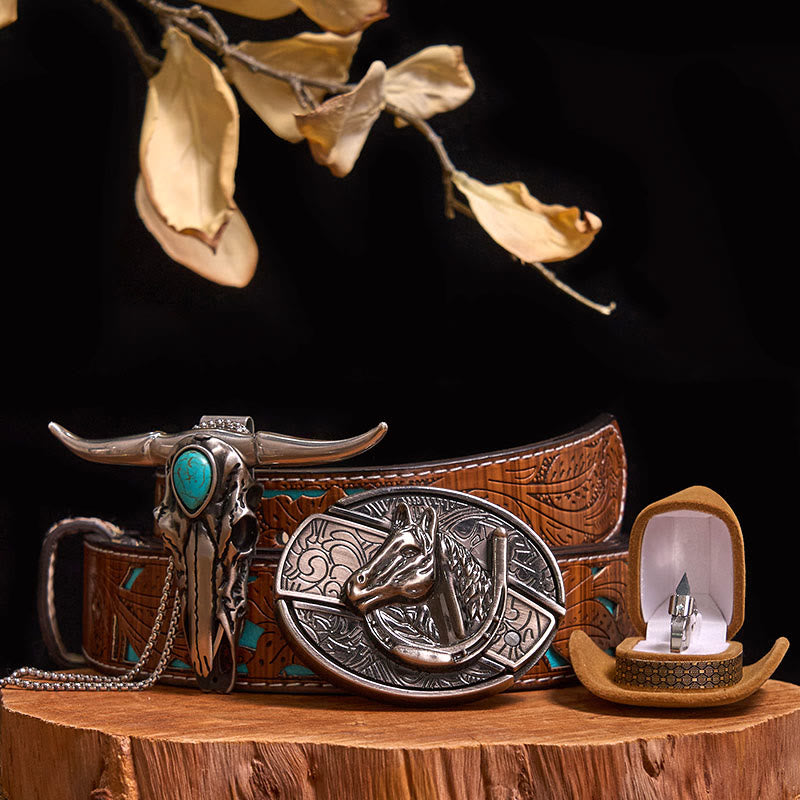 Boucle de ceinture avec couteau caché à faire soi-même, pendentif taureau turquoise, ensemble bague couteau - Tête de cheval - Ceinture sculptée en turquoise - 40 - image 13