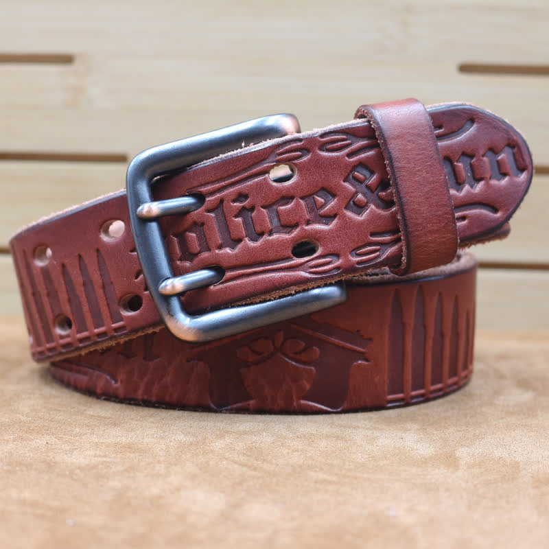 Ceinture en cuir avec lettre anglaise en relief et balle de pistolet