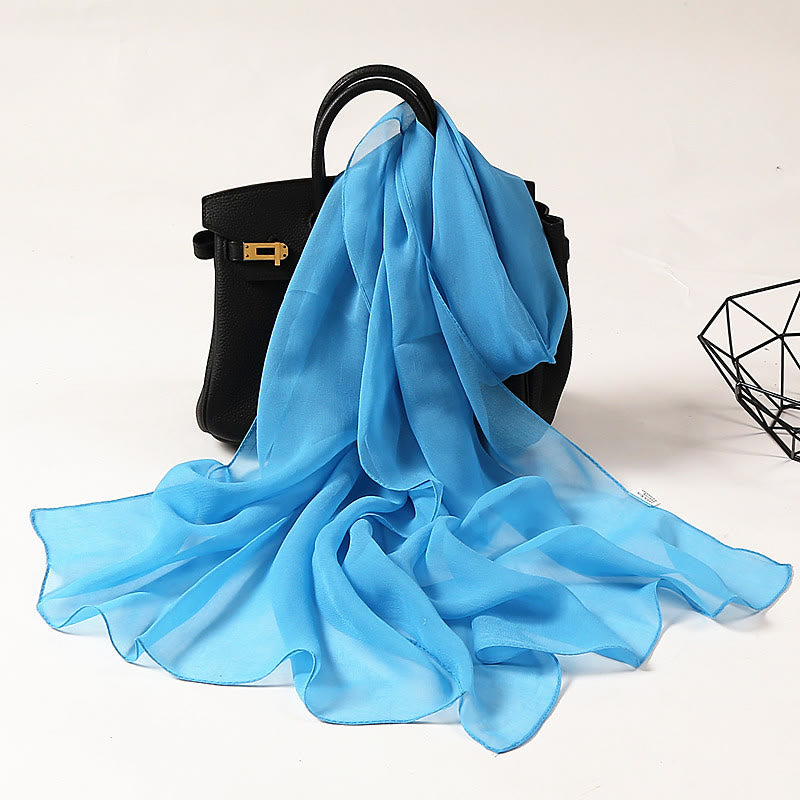 Écharpe fine en mousseline de soie de couleur unie pour l'été - #2 Bleu Ciel Clair - image 4