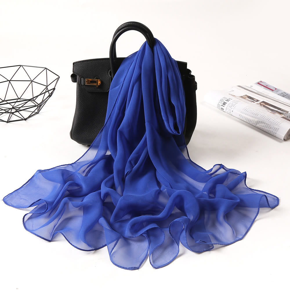 Écharpe fine en mousseline de soie de couleur unie pour l'été - #15 Bleu foncé - image 23