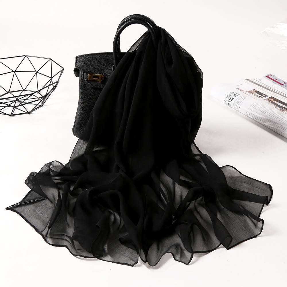 Écharpe fine en mousseline de soie de couleur unie pour l'été - #16 Noir - image 25
