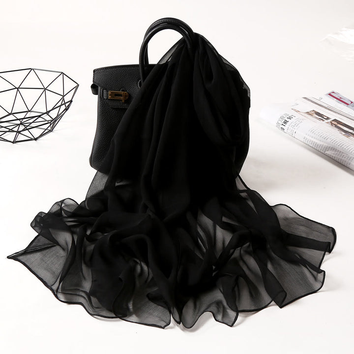 Écharpe fine en mousseline de soie de couleur unie pour l'été - #16 Noir - image 25
