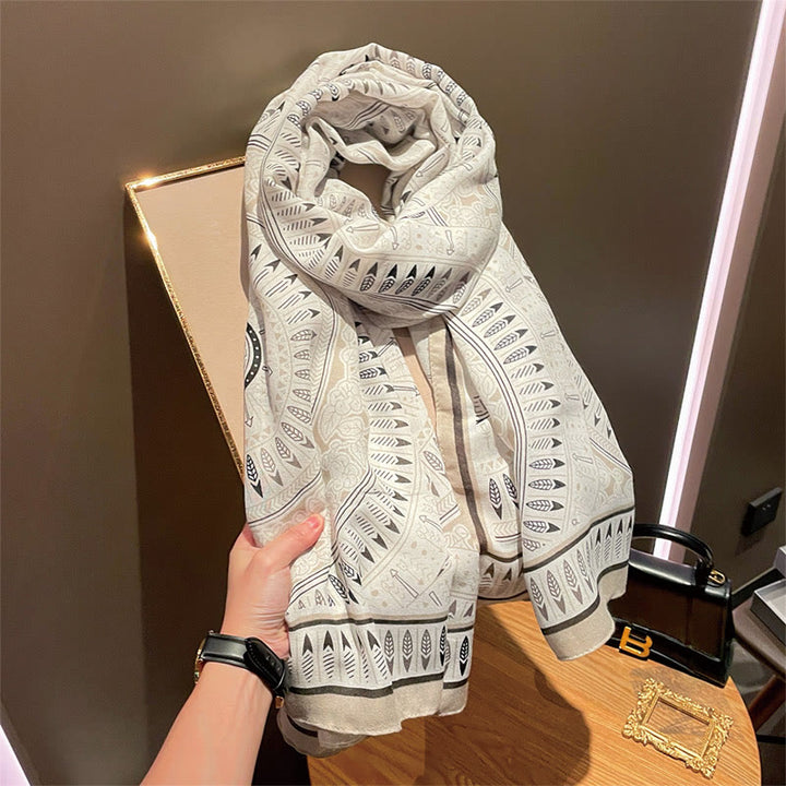 Écharpe fine en coton et lin à imprimé artistique ethnique blanc