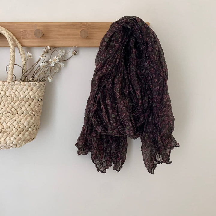 Écharpe fine plissée vintage en coton et lin imprimé