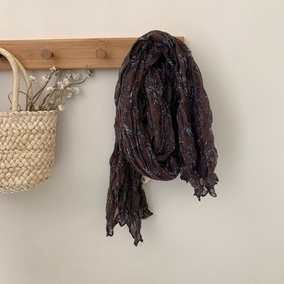 Écharpe fine plissée vintage en coton et lin imprimé