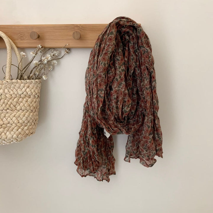 Écharpe fine plissée vintage en coton et lin imprimé