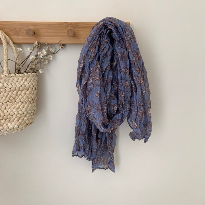 Écharpe fine plissée vintage en coton et lin imprimé
