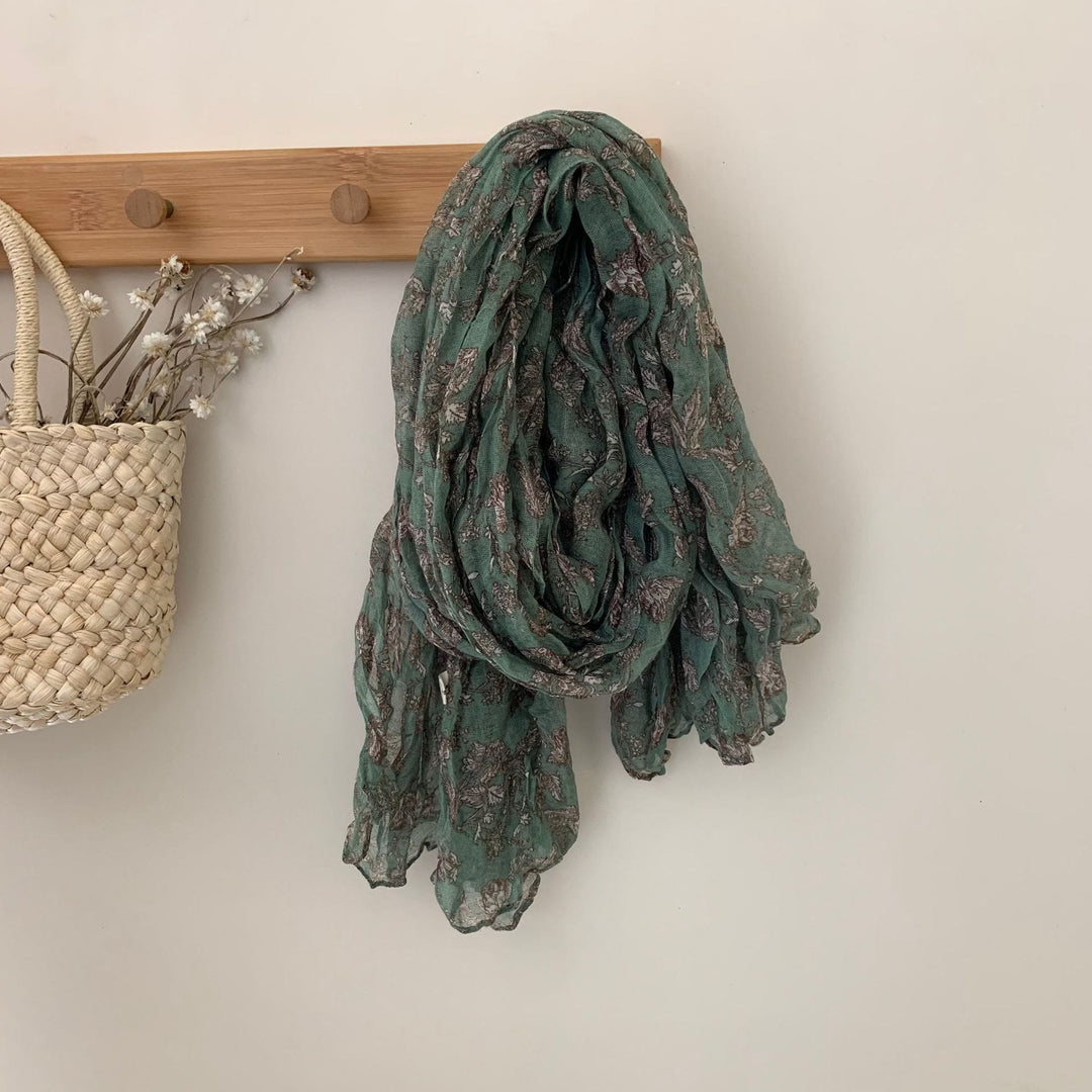 Écharpe fine plissée vintage en coton et lin imprimé