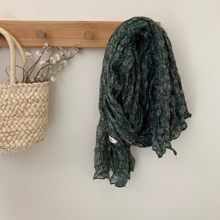 Écharpe fine plissée vintage en coton et lin imprimé