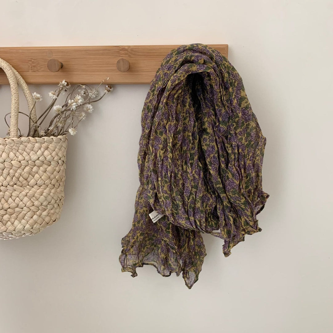 Écharpe fine plissée vintage en coton et lin imprimé