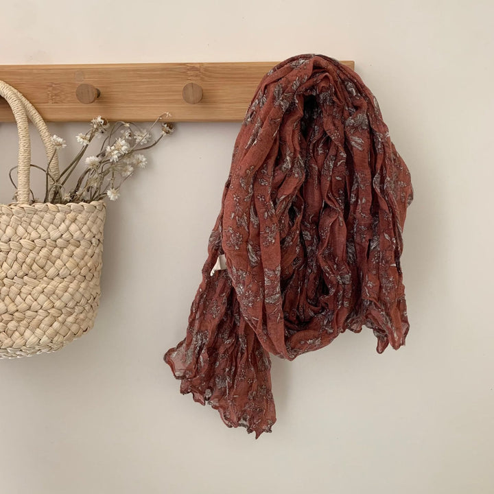 Écharpe fine plissée vintage en coton et lin imprimé