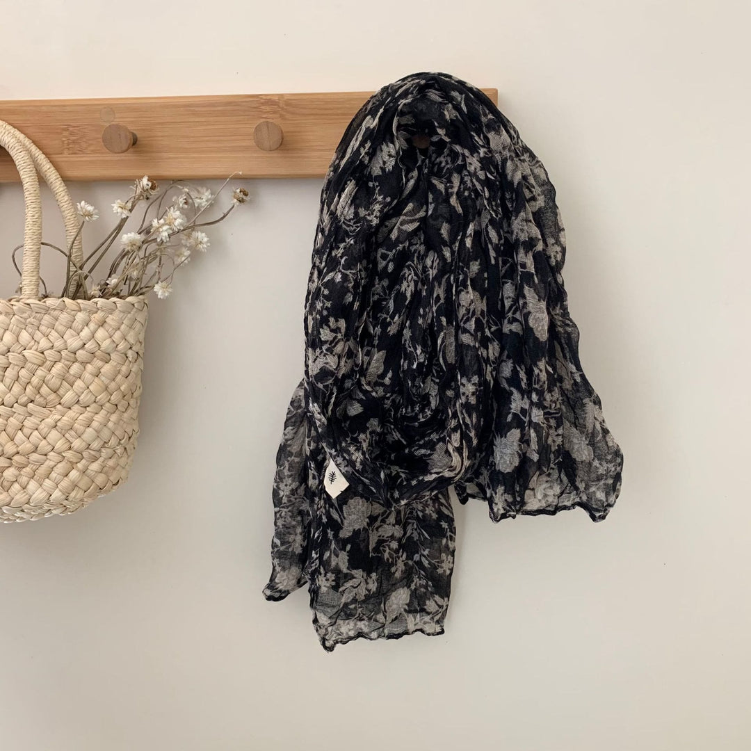 Écharpe fine plissée vintage en coton et lin imprimé