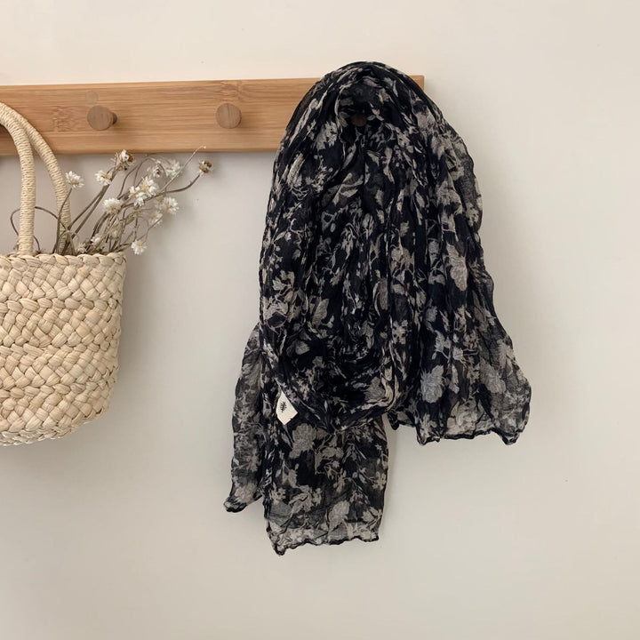 Écharpe fine plissée vintage en coton et lin imprimé