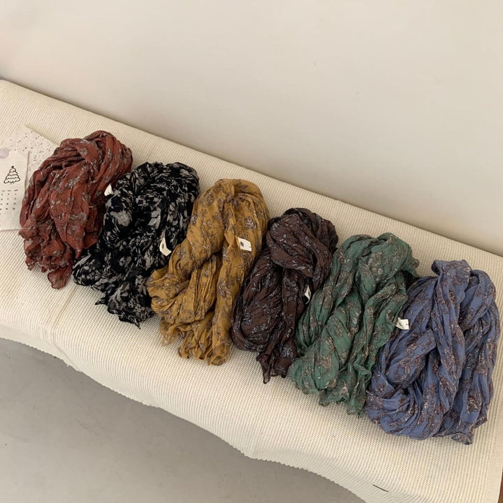 Écharpe fine plissée vintage en coton et lin imprimé