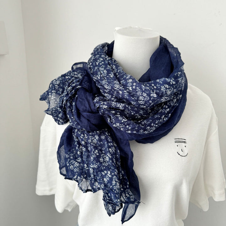 Écharpe fine plissée vintage en coton et lin imprimé