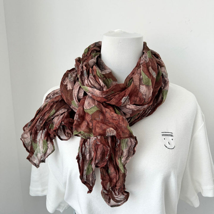 Écharpe fine plissée vintage en coton et lin imprimé