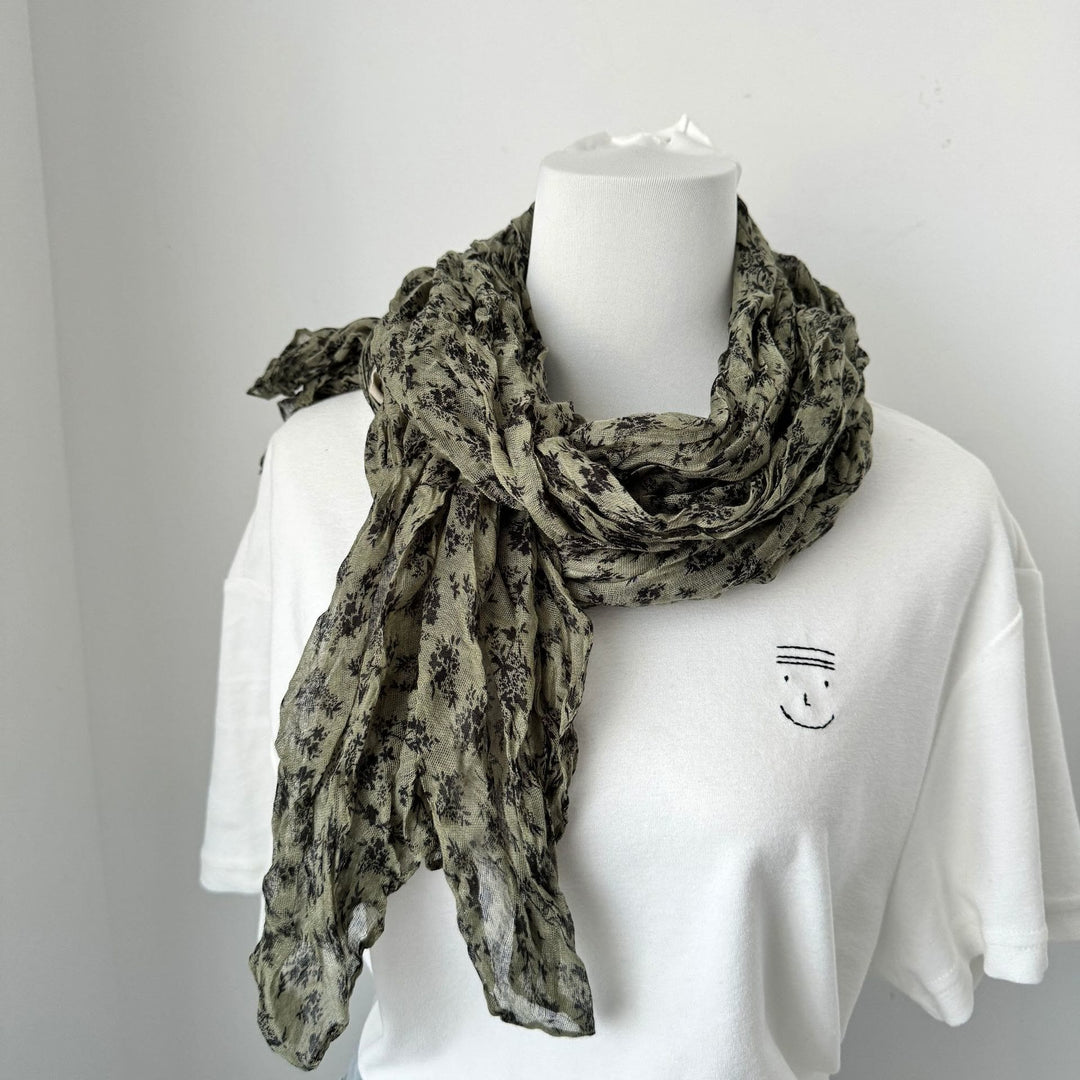 Écharpe fine plissée vintage en coton et lin imprimé