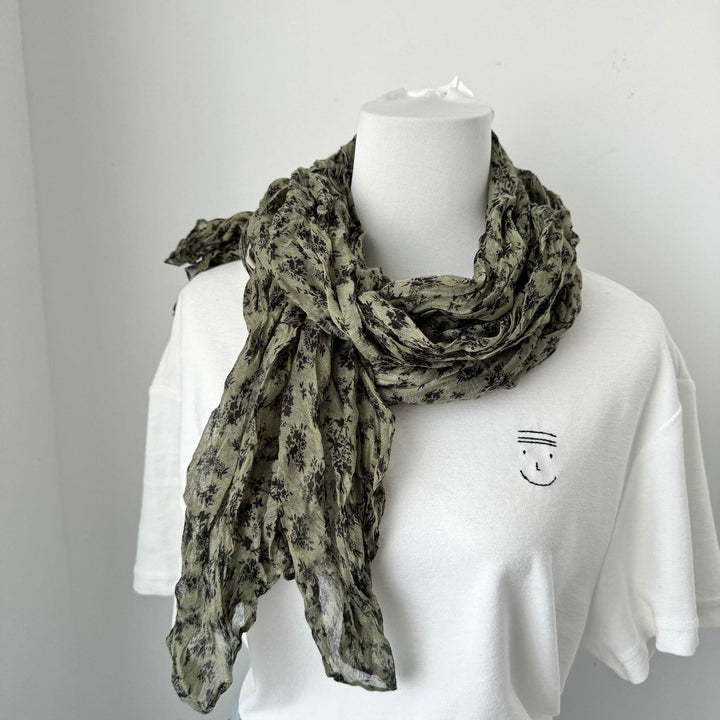 Écharpe fine plissée vintage en coton et lin imprimé