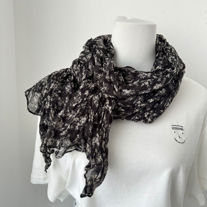 Écharpe fine plissée vintage en coton et lin imprimé