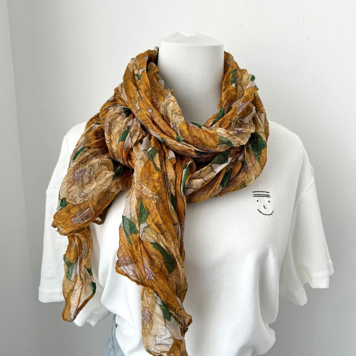 Écharpe fine plissée vintage en coton et lin imprimé