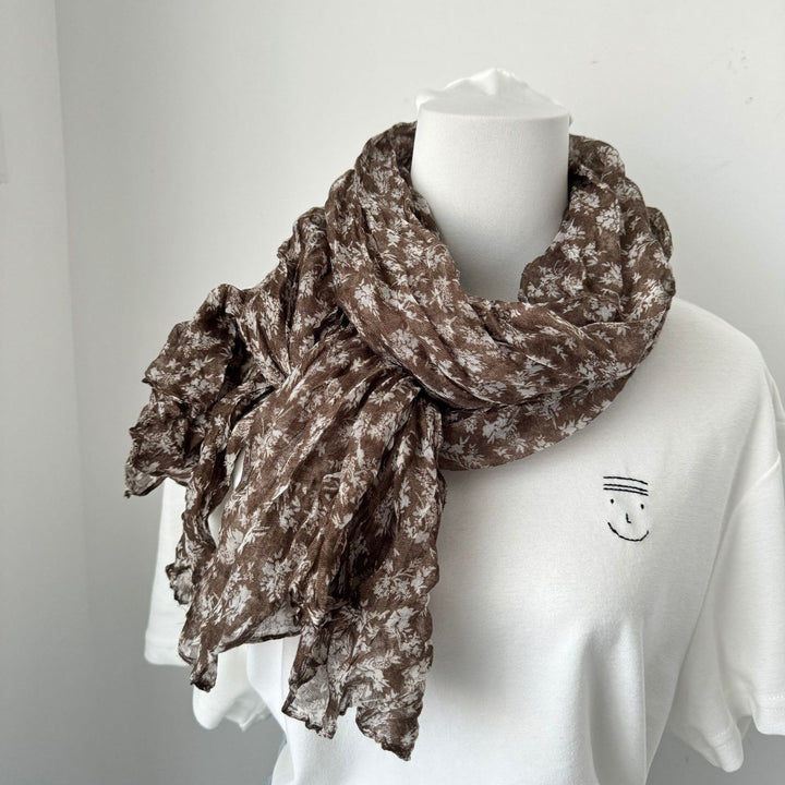Écharpe fine plissée vintage en coton et lin imprimé