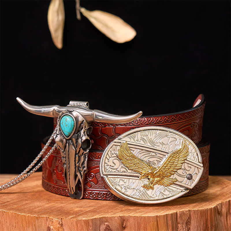 Ensemble de boucles de ceinture à couteau caché DIY en or et argent avec pendentif Longhorn turquoise - Aigle - Ceinture marron sculptée - 42 - image 36
