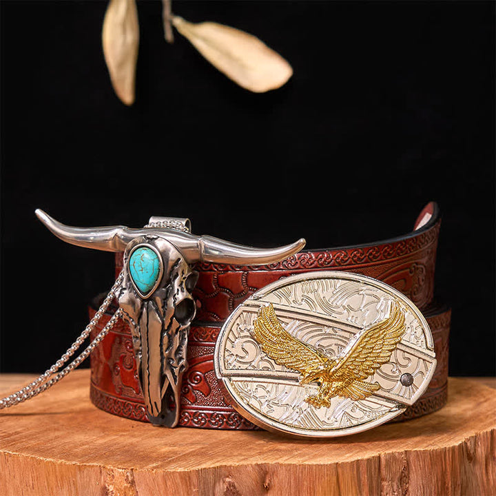 Ensemble de boucles de ceinture à couteau caché DIY en or et argent avec pendentif Longhorn turquoise - Aigle - Ceinture marron sculptée - 42 - image 36