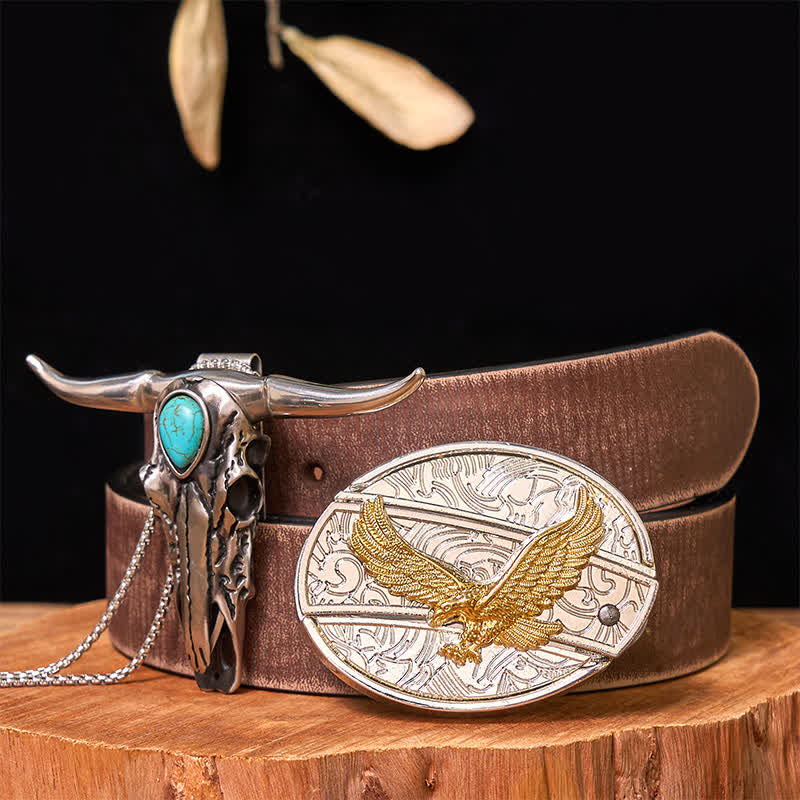 Ensemble de boucles de ceinture à couteau caché DIY en or et argent avec pendentif Longhorn turquoise - Aigle - Ceinture marron vieillie - 42 - image 35