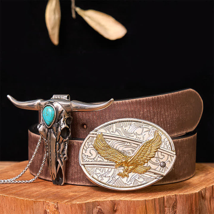 Ensemble de boucles de ceinture à couteau caché DIY en or et argent avec pendentif Longhorn turquoise - Aigle - Ceinture marron vieillie - 42 - image 35