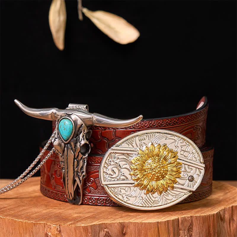 Ensemble de boucles de ceinture à couteau caché DIY en or et argent avec pendentif Longhorn turquoise - Tournesol - Ceinture marron sculptée - 42 - image 18
