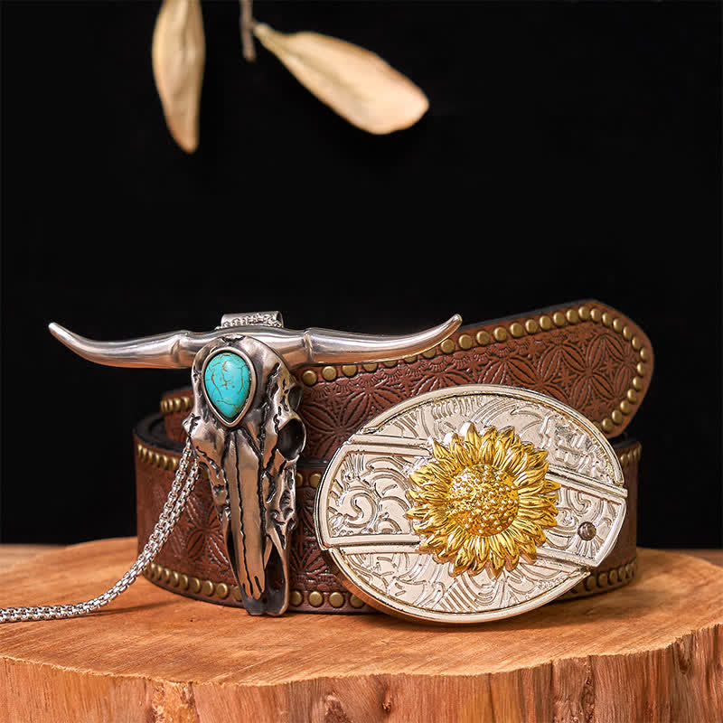 Ensemble de boucles de ceinture à couteau caché DIY en or et argent avec pendentif Longhorn turquoise - Tournesol - Ceinture à rivets marron - 42 - image 16